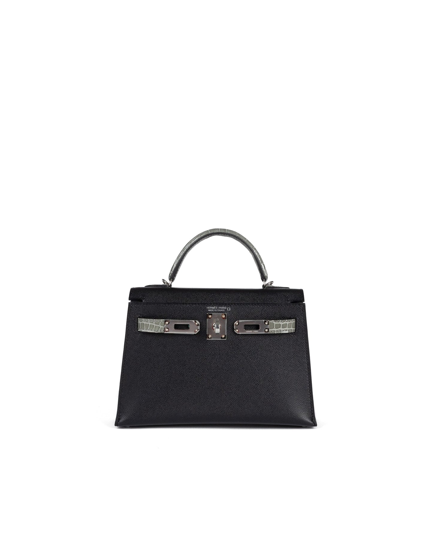 Kelly 20 Sellier Black / Gris Ciment in Shiny Alligator Touch/Madame Leather with Palladium Hardware