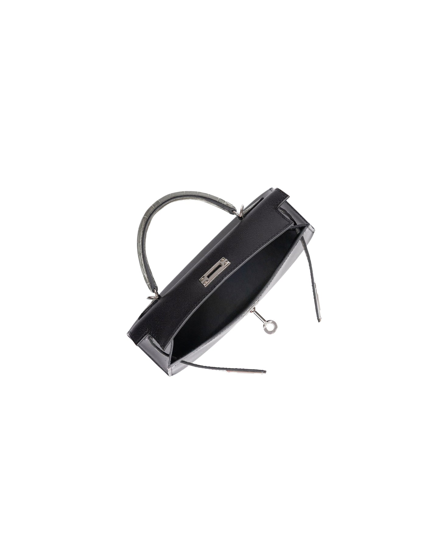 Kelly 20 Sellier Black / Gris Ciment in Shiny Alligator Touch/Madame Leather with Palladium Hardware