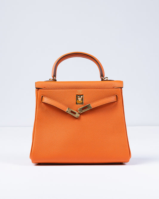 Kelly 25 Orange in Togo Leather with Gold Hardware