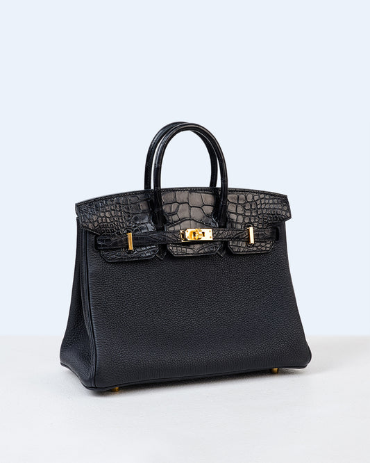 Birkin 25 Black in Togo Leather and Matte Alligator Touch with Gold Hardware