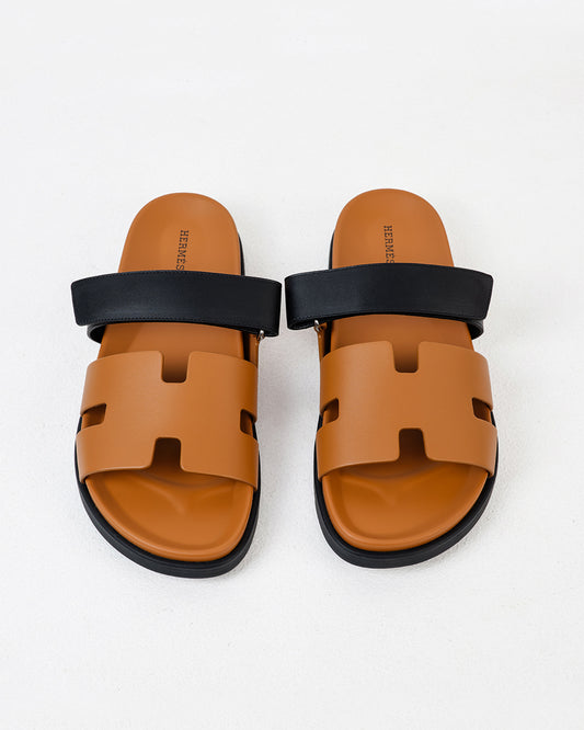 Chypre Sandal Homme Gold and Black in Calfskin Leather