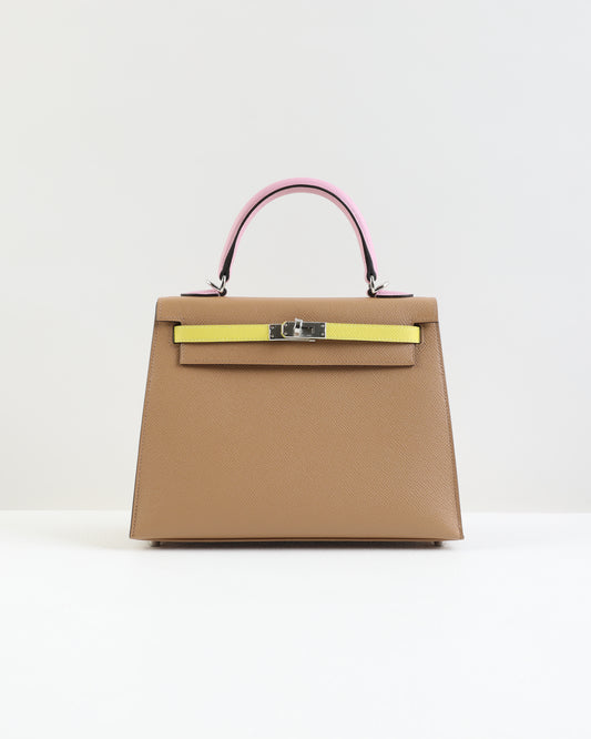 Kelly 25 Tri color in Lime, Chai, and Mauve Sylvestre in Epsom Leather with Palladium Hardware