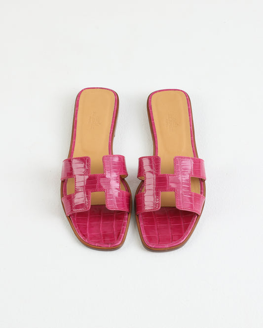 Oran Sandal in Rose Crocodile Leather