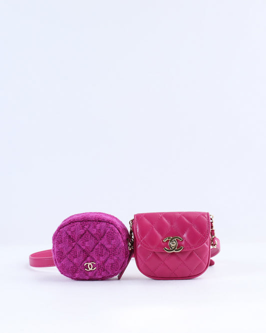 Chanel Magenta Quilted Leather and Wool Mini Waist and Coin Purse Bag