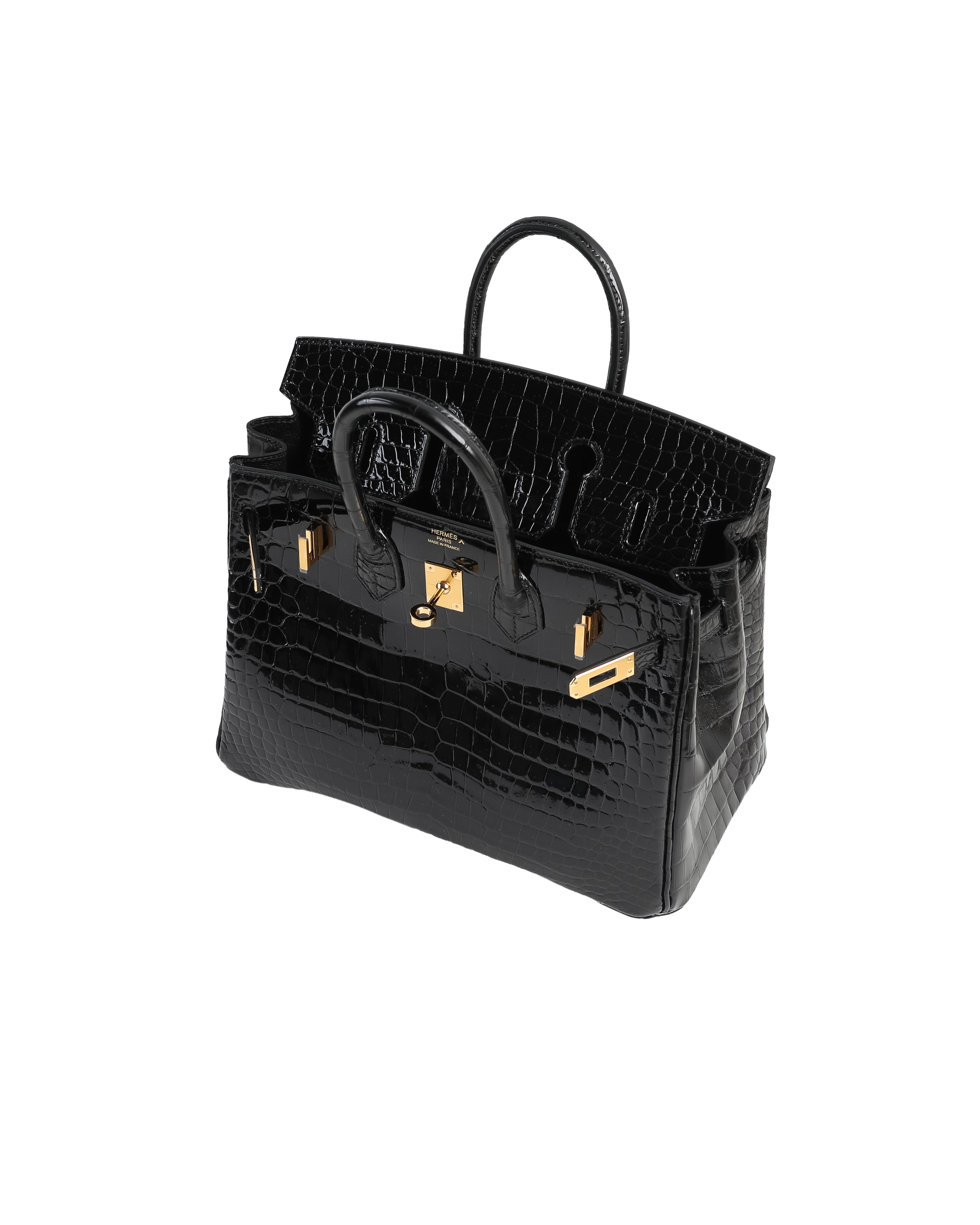 Birkin 25 in Black Shiny Porosus Crocodile with Gold Hardware Diamonds in Dubai