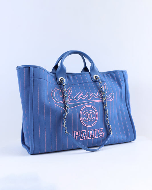 Chanel Deauville Large Blue/Pink Striped Tote Bag