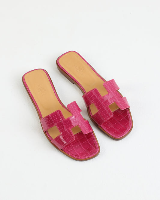 Oran Sandal in Rose Crocodile Leather