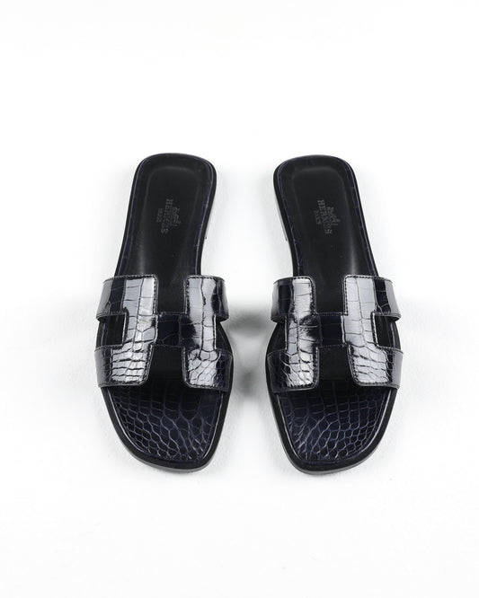 Oran Sandal in Dark Blue Crocodile Leather