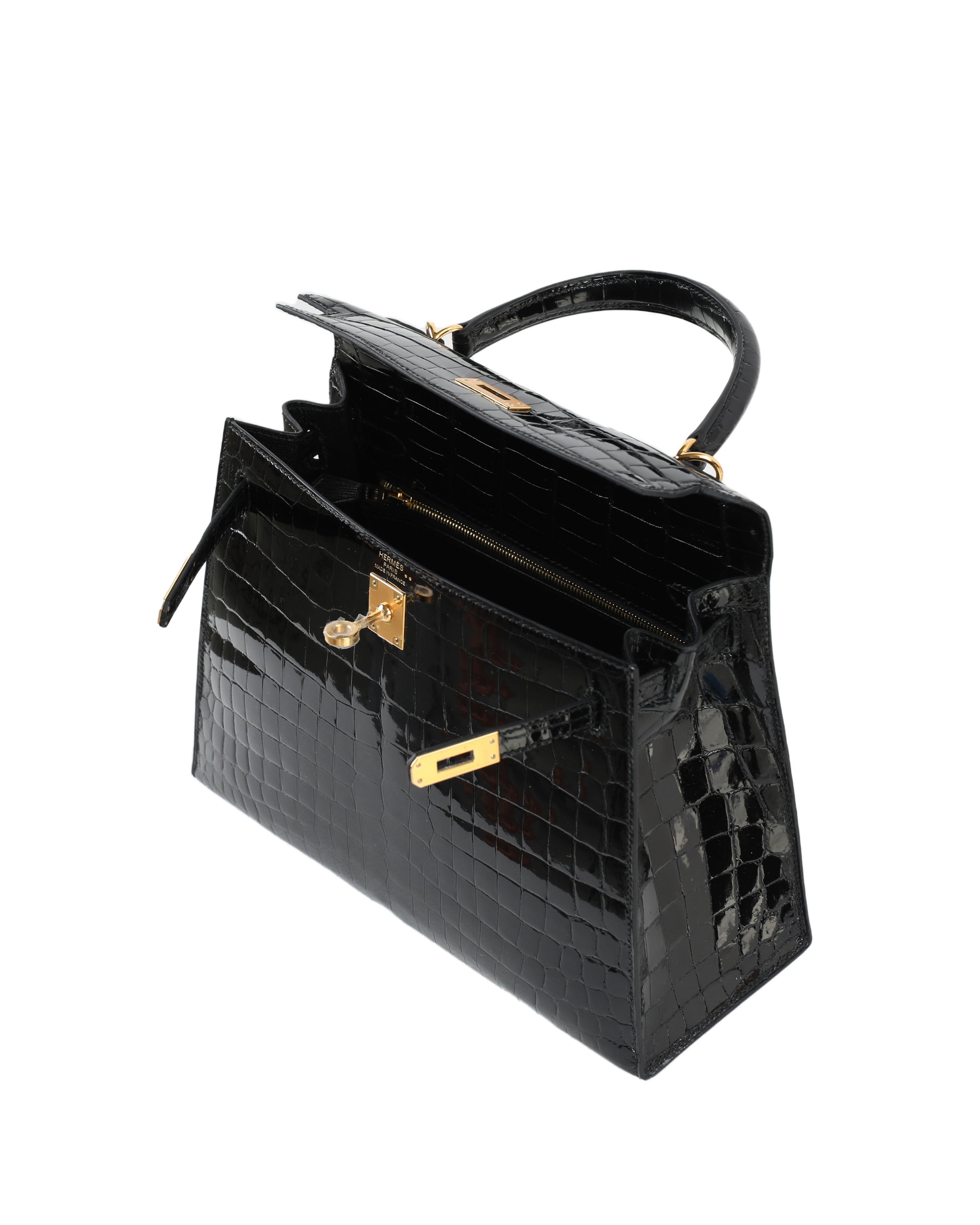 A SHINY BLACK NILOTICUS CROCODILE SELLIER KELLY 25 WITH GOLD HARDWARE