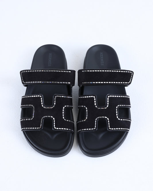 Chypre Sandal in Black Suede leather and Crystals