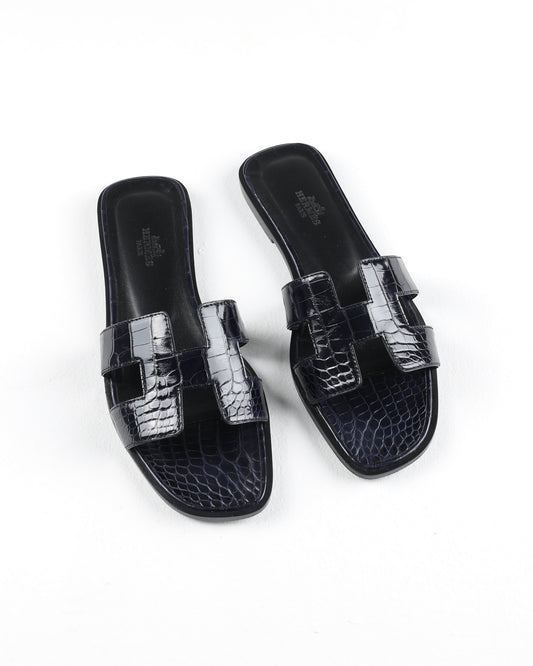 Oran Sandal in Dark Blue Crocodile Leather