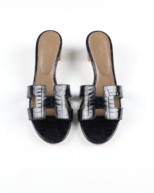 Oasis Sandal in Dark Blue Crocodile Leather