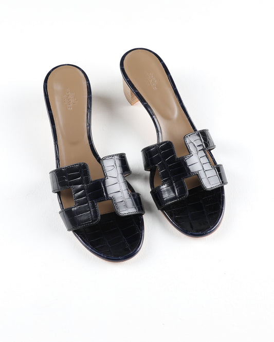 Oasis Sandal in Dark Blue Crocodile Leather