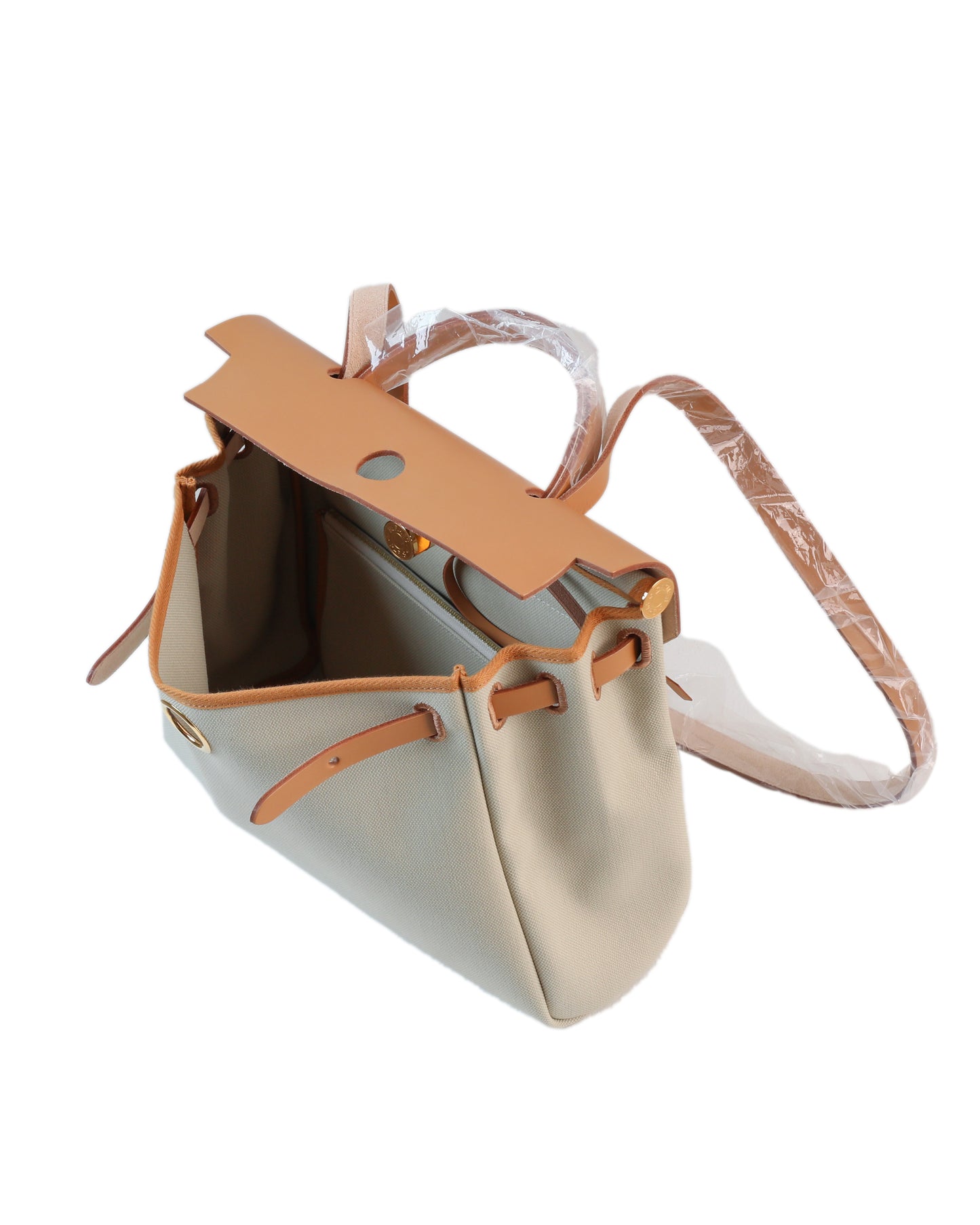 Herbag Zip 31 in Natural Vache Hunter and Beton Toile with Gold Hardware