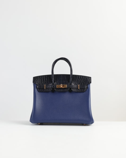 Birkin 25 Blue Saphir / Blue Marine Touch in Matte Alligator with Rose Gold Hardware