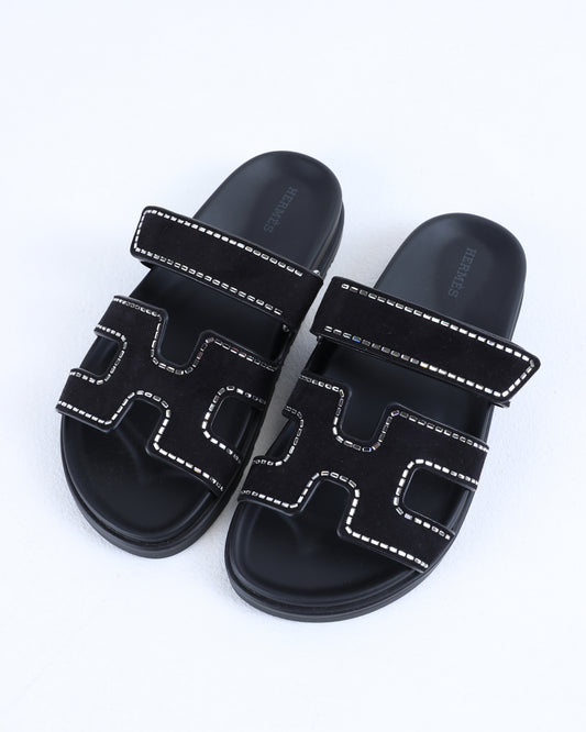 Chypre Sandal in Black Suede leather and Crystals