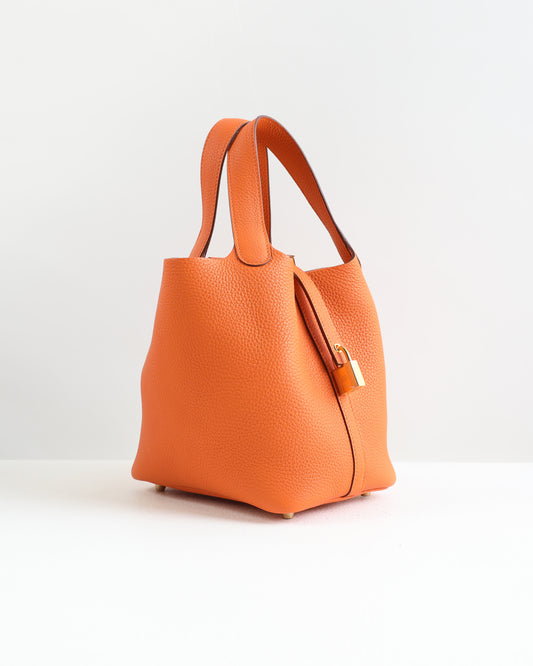 Picotin 18 Orange in Clemence Leather with Gold Hardware