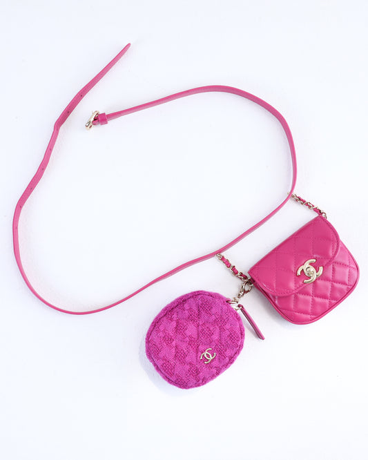 Chanel Magenta Quilted Leather and Wool Mini Waist and Coin Purse Bag