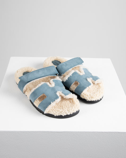 Chypre Sandal Bleu Pinede in Goat Suede with Woolskin lining