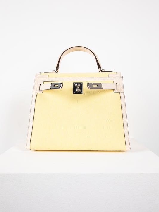 Kelly 28 in Toile H/Veau Swift Ecru-Jaune Citron/Nata with Palladium Hardware