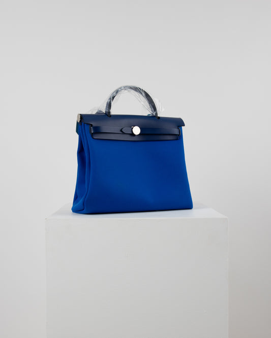 Herbag Zip 31 in Bleu Saphir Vache Hunter and Bleu Billard Toile  with Palladium Hardware