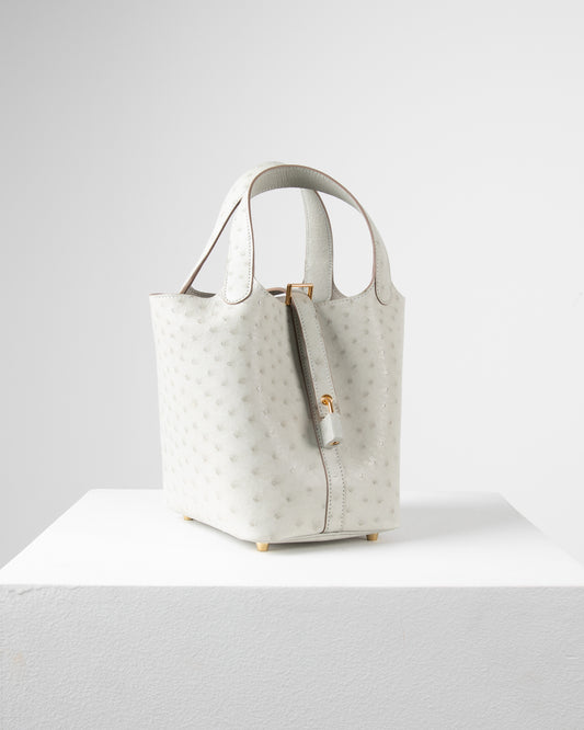 Picotin 18 Gris Perle in Ostrich Skin with Gold Hardware