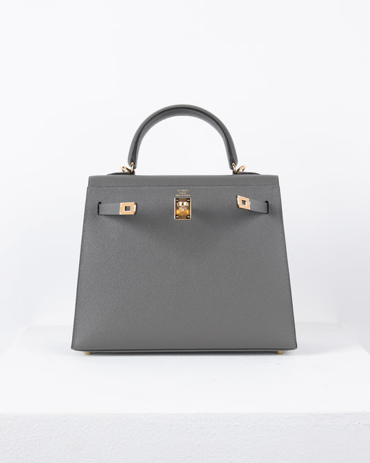 Kelly 25 in Gris Meyer Epsom with Gold Hardware