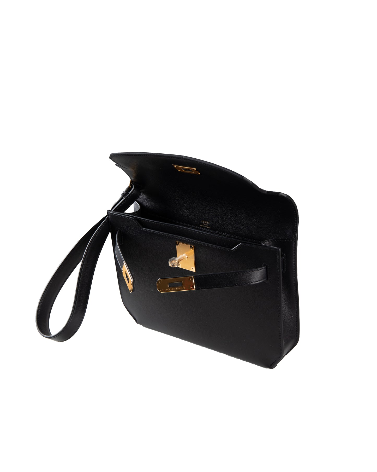 Kelly Depeches Pouch 25 in Black Evergrain Leather with Gold Hardware