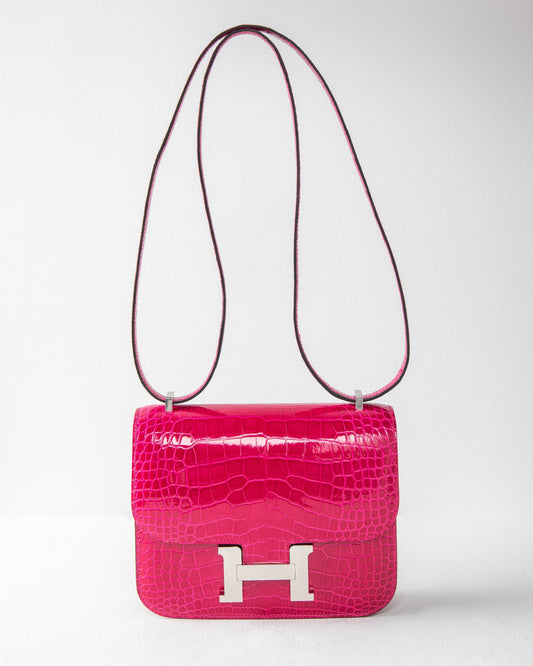 Constance 18 in Rose Mexico Shiny Croco with Palladium Hardware