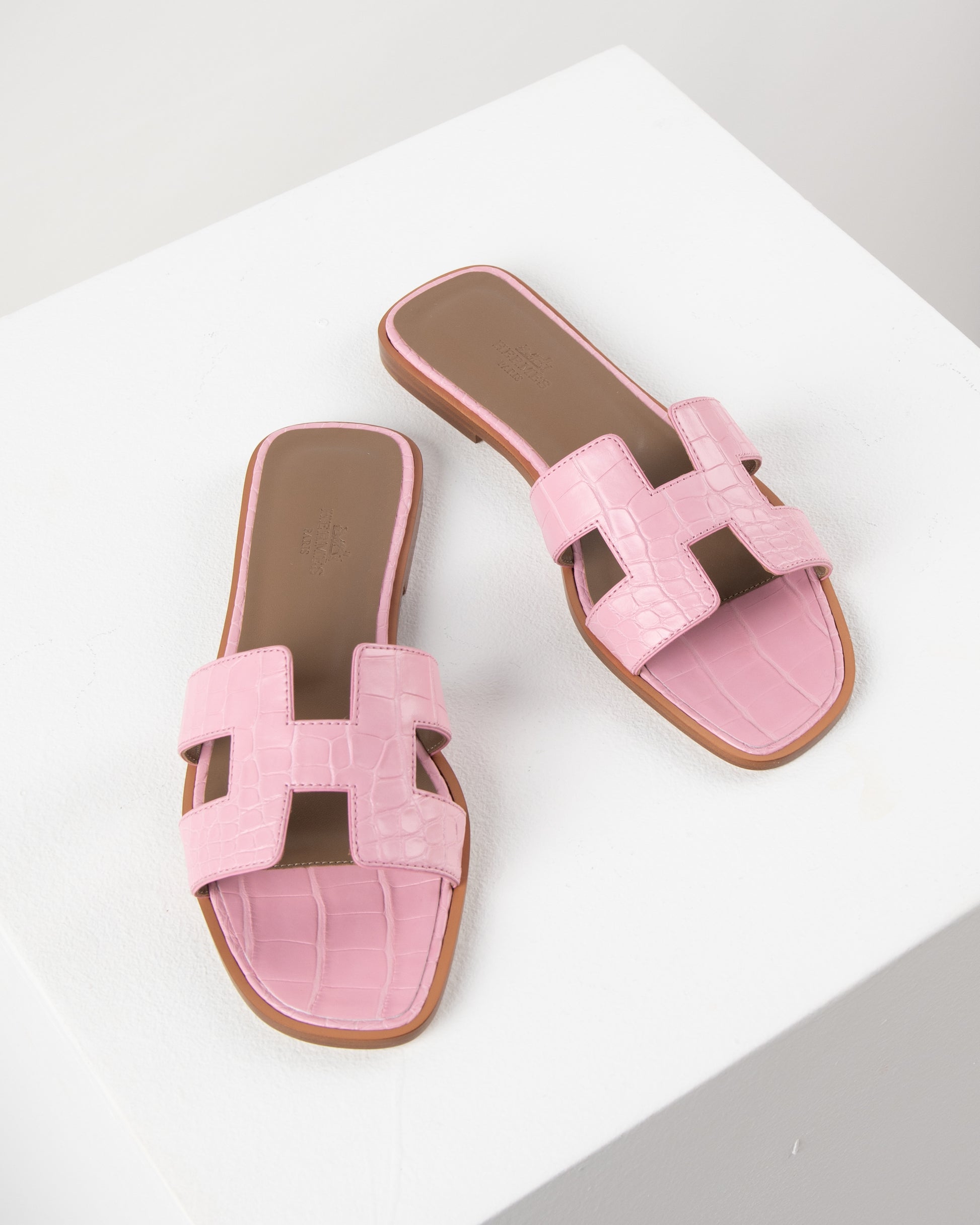 Pink Hermes Sandals With Ankle Strap Oran Sandal In Pink Alligator