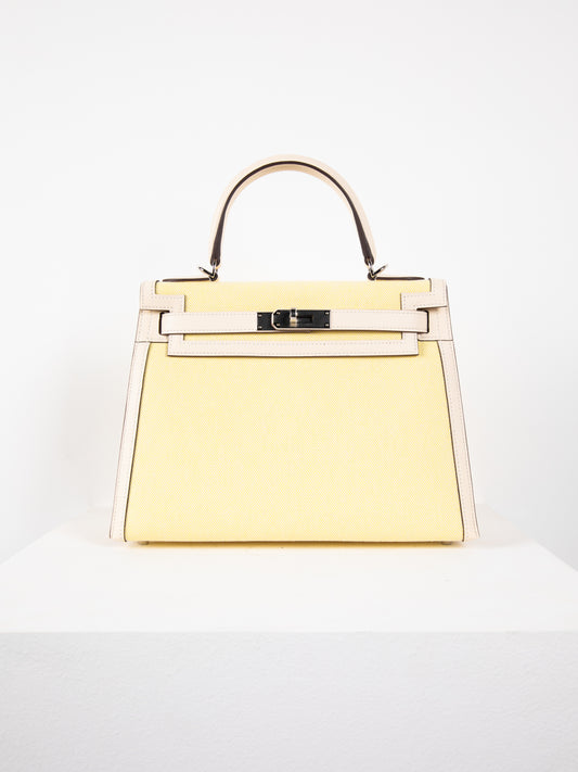 Kelly 28 in Toile H/Veau Swift Ecru-Jaune Citron/Nata with Palladium Hardware