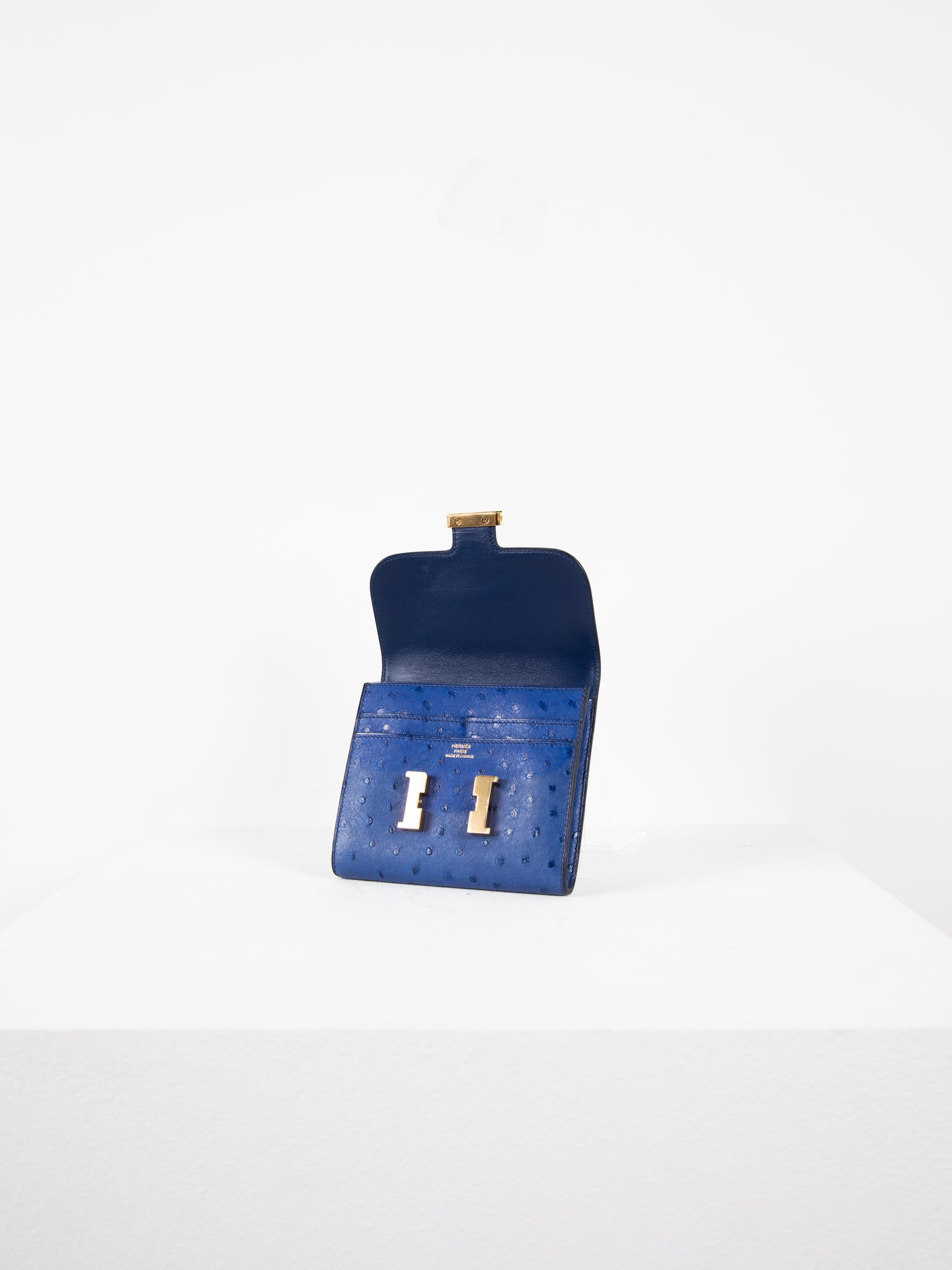 Constance Compact Autruche in Bleu Saphir with Gold Hardware