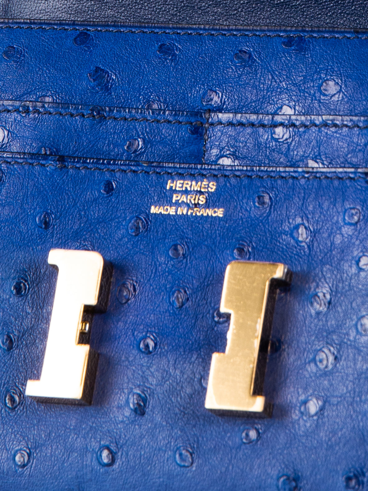 Constance Compact Autruche in Bleu Saphir with Gold Hardware