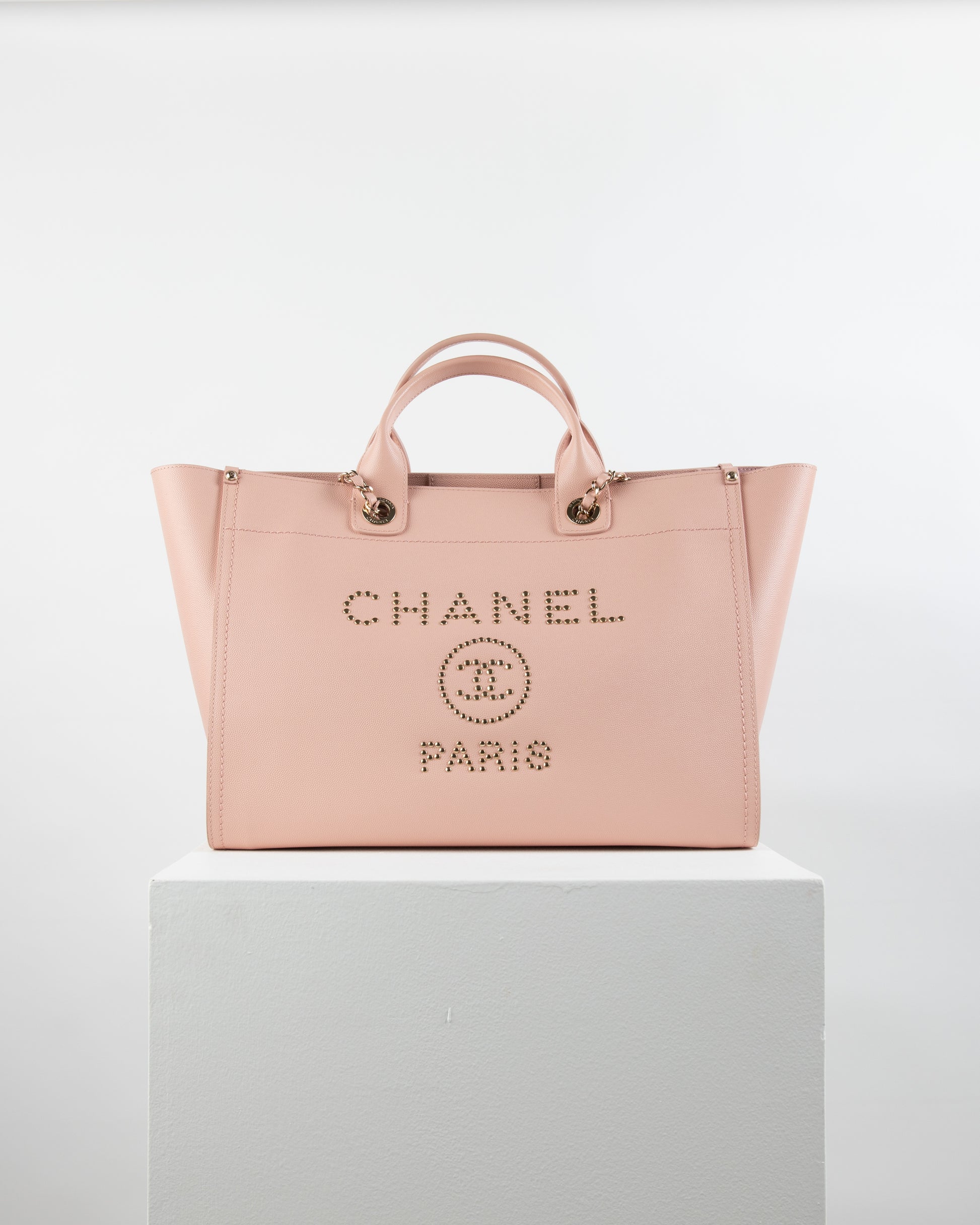 CHANEL Small Glitter Deauville Tote Bag in Pink Canvas