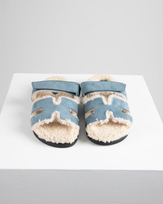Chypre Sandal Bleu Pinede in Goat Suede with Woolskin lining