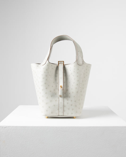 Picotin 18 Gris Perle in Ostrich Skin with Gold Hardware