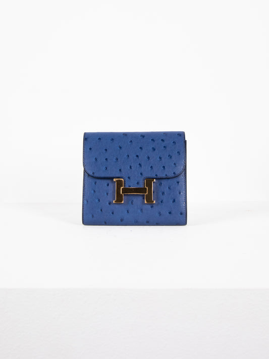 Constance Compact Autruche in Bleu Saphir with Gold Hardware