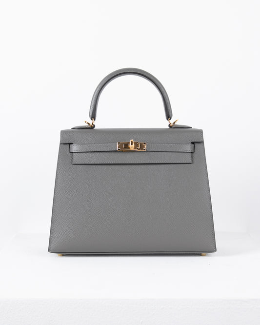 Kelly 25 in Gris Meyer Epsom with Gold Hardware