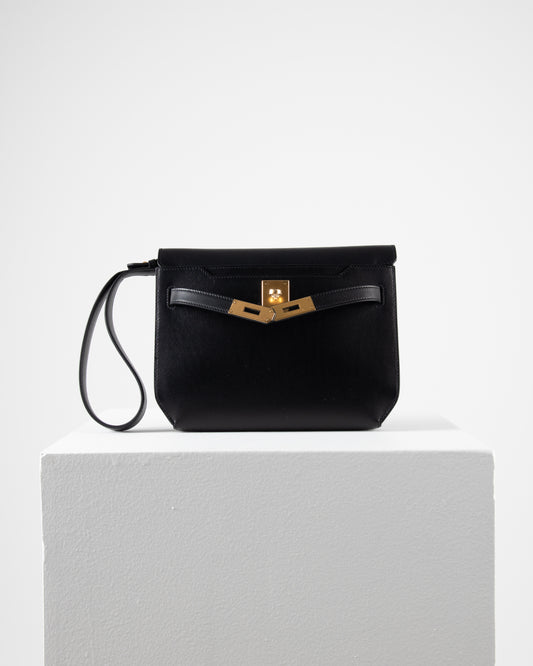 Kelly Depeches Pouch 25 in Black Evergrain Leather with Gold Hardware